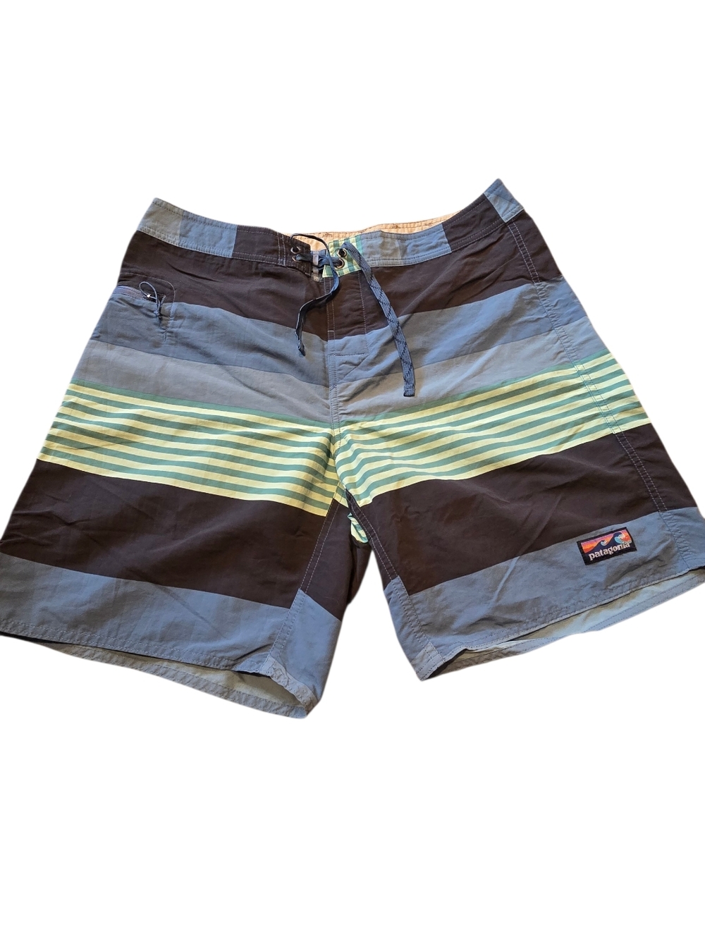 Patagonia Wavefarer Board Shorts Size 36 Blue Green Black Striped Swim Trunks
